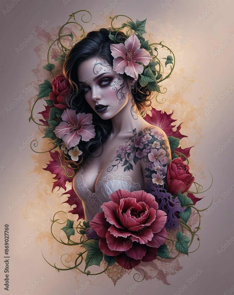 Wall mural beautiful flower girl tattoo illustration