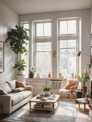 Fototapeta premium A bright and cozy living room with modern furniture, a soft rug, and large windows letting in natural light.
