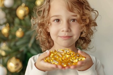 Naklejka premium Little girl holding a handful of golden capsules with a Christmas tree background