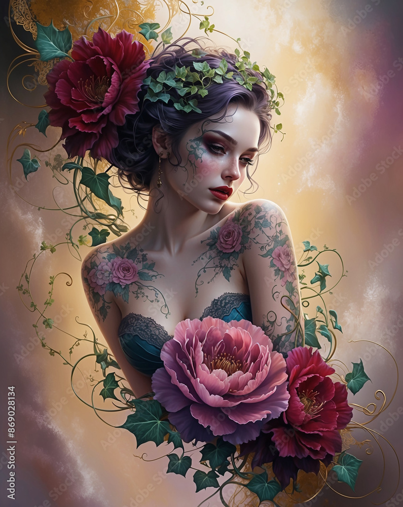 Wall mural beautiful flower girl tattoo illustration