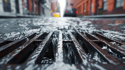 Rushing rainwater entering a storm drain, city street backdrop, intricate details, reflections, vibrant and dynamic urban scene