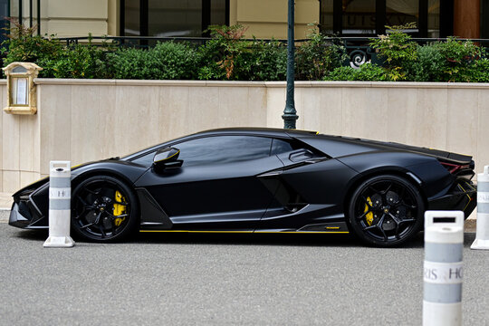 Monte Calo Monaco  2024 Beautiful  Blac customised Lamborghini  Revuelto owned by indian billionaire . A mid-engine plug-in hybrid sports car produced by the Italian automobil