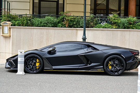 Monte Calo Monaco  2024 Beautiful  Blac customised Lamborghini  Revuelto owned by indian billionaire . A mid-engine plug-in hybrid sports car produced by the Italian automobil