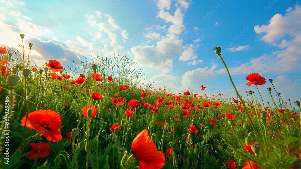 Wall mural landscape with fields of poppies and blue img