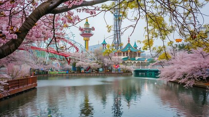 Naklejka premium Lotte World Amusement Park and Seokchon Lake in Spring Cherry blossoms bloom in late MarchApril Seoul South Korea : Generative AI