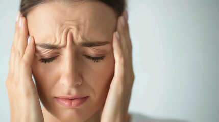 Fototapeta premium A woman experiencing severe headache, holding her head with hands, displaying discomfort and pain, on a light grey background.