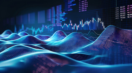 Naklejka premium Abstract financial chart and trading data visualization with futuristic wave patterns and neon colors.