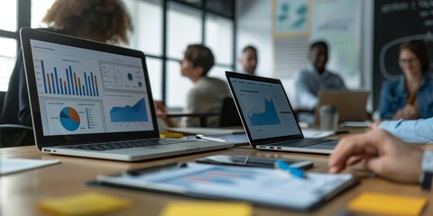 A group of professionals in a modern office setting analyzing various charts and graphs on laptops during a collaborative meeting or presentation.