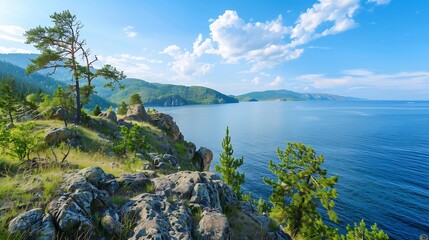 Beautiful summer panoramic landscape with view from hill to lake Baikal shore and Angara source Chersky stone in Listvyanka village at Baikal lake coast Amazing siberian nature Siberia : Generative AI