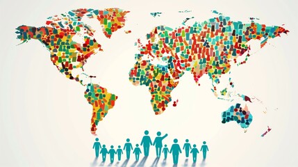 Obraz premium World Population Day Multicolored Human Icons Forming World Map Symbolizing Population Growth Migration Patterns and Global Togetherness