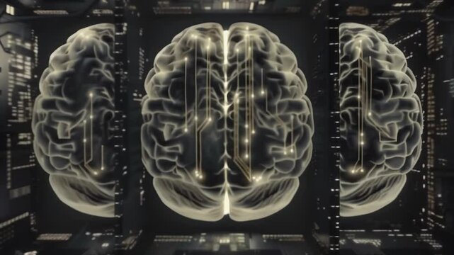 Illuminated spherical structures resembling brains suspended in darkness. Intricate patterns of light trace neural pathways across their surfaces.