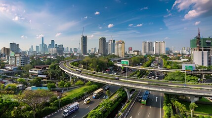 Naklejka premium Panoramic view of Public transport or commuter city life concept expressway car traffic transportation above circle roundabout road in Asian city : Generative AI