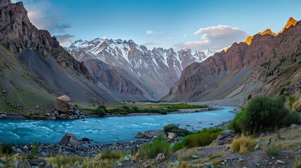 Blue mountain lake and river in a mountain valley among vegetation against the backdrop of rocky peaks with snow in the Fan Mountains in Tajikistan Tien Shan highlands in the evening : Generative AI