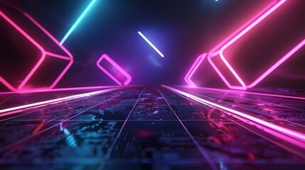 Futuristic glowing neon lights in a digital space with abstract geometric shapes and vibrant hues, creating a cyberpunk atmosphere.