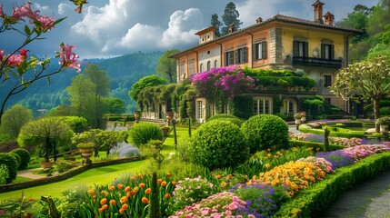 Obraz premium Landscape with flowering garden terraces image