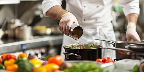 A chef in a white uniform and gloves is seasoning a dish on a stove in a professional kitchen, surrounded by fresh ingredients and cooking tools, focusing on culinary excellence.