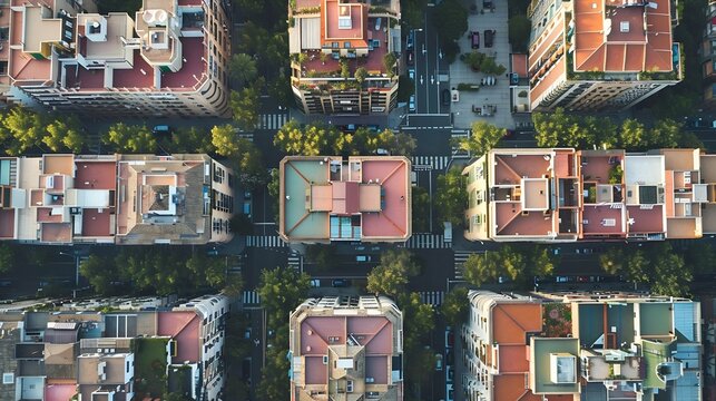 Aerial view of typical buildings of Barcelona cityscape Eixample residential famous urban grid Catalonia Spain : Generative AI