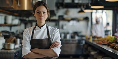 A female chef in a professional kitchen, wearing a white uniform and brown apron, stands with arms crossed, exuding confidence and professionalism amid cooking activities.