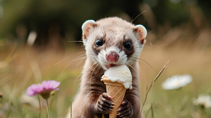 Fototapeta premium Ferret wild animal living in nature, part of ecosystem,Portrait of a ferret on a white background. Close-up,A Ferret portrait, wildlife photography,ferret eating an ice cream