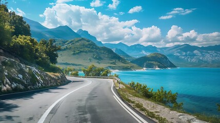 Asphalt road and lake with mountains nature landscape on a sunny day Beautiful coastline in summer season : Generative AI