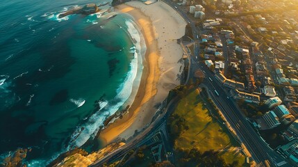 Amazing aerial view of Bondi Beach landscape in Sydney Australia Drone viewpoint on a sunny morning : Generative AI