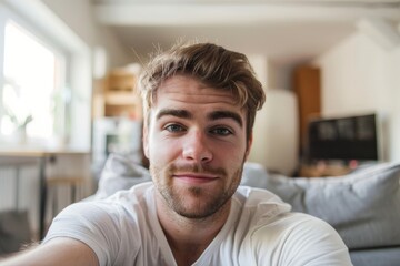 Obraz premium Handsome caucasian man taking a selfie indoor at home