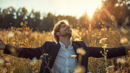 Portrait of a free happy blond hair caucasian businessman with open arms enjoying life with nature background , young joyful business male in suit with good mental health
