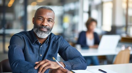 A man with a beard and gray hair is sitting at a desk with a pen and notebook