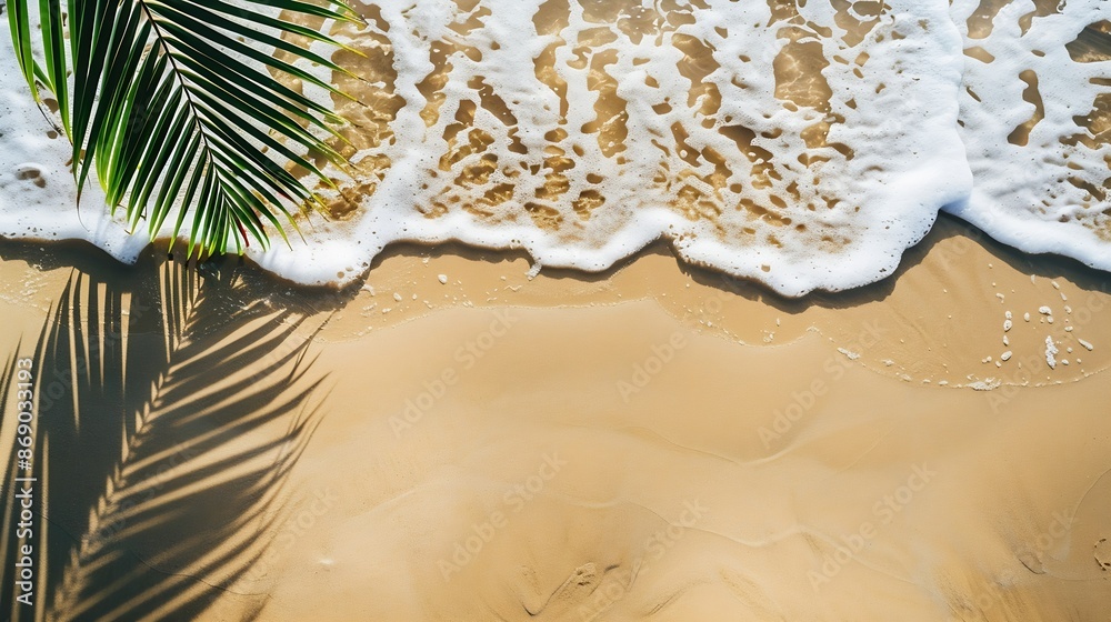 Poster empty abstract sand beach with palm leaf shadow and transparent water wave from above blank background banner for travel vacation and wellbeing with copy space : Generative AI