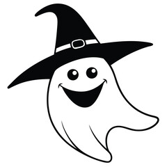 Fototapeta premium Simple halloween cartoon ghost wearing witch hat. Happy Halloween concept.