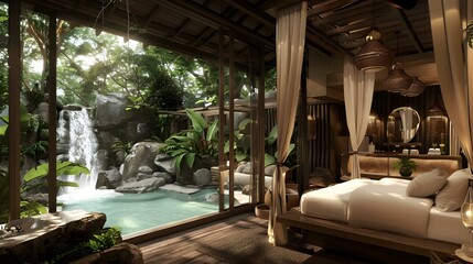 Fototapeta premium A tropical resort suite with jungle views