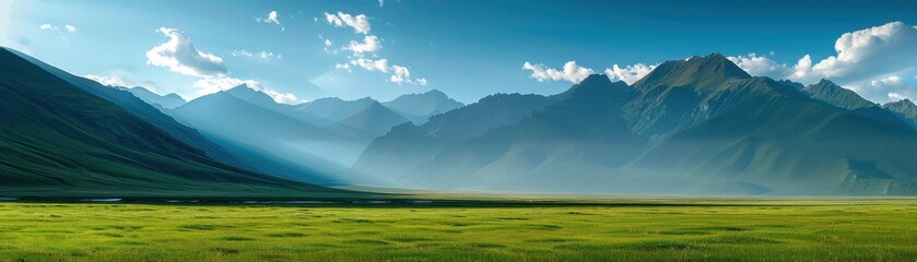 A breathtaking view of a vast green meadow with majestic mountains and a clear blue sky in the background, showcasing nature's beauty.