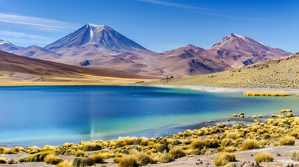 Clear Blue Lake in the Atacama Desert with Volcanic Mountains : Generative AI