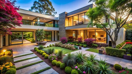 Fototapeta premium Exquisite modern estate boasts serene courtyard oasis featuring lush greenery, sleek architecture, and vibrant blooming flowers amidst tranquil atmosphere.
