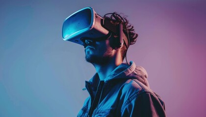 A man uses a VR headset and headphones in a modern office to explore virtual reality in a hightech setting AIG62