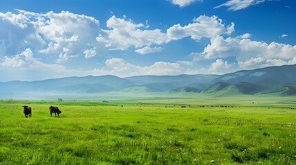 Pasture with grazing cows and views picture