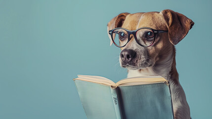 Dog with glasses reading a book, dogs reading book, cute dog is reading, dog illustration, dog wallpaper