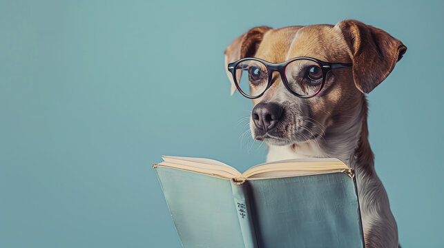 Dog with glasses reading a book, dogs reading book, cute dog is reading, dog illustration, dog wallpaper