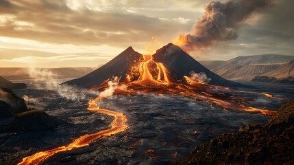 Fototapeta premium Landscape with a volcano and lava flows picture