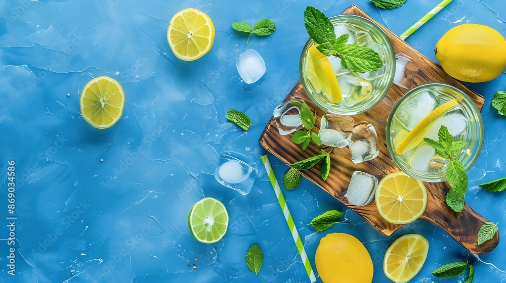 Poster two glasses of mojito cocktail or tonic with lemon lime mint and ice on a wooden board summer concep