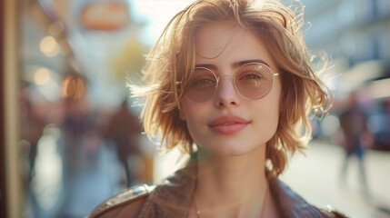 portrait of a woman in sunglasses in the city