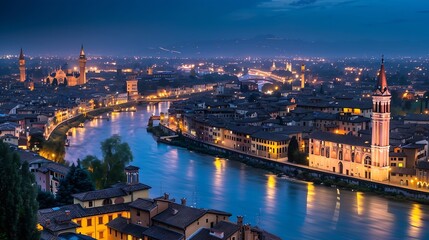 Fototapeta premium Verona Italy high angle view night city skyline at Adige river and Verona Cathedral : Generative AI