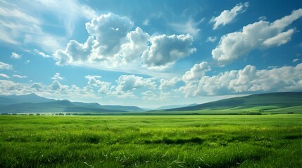 Obraz premium Landscape with green meadows and distant mountains image