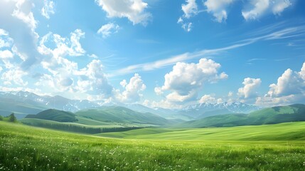 Landscape with green meadows and distant mountains img