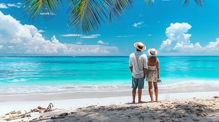 Rear view of a holiday couple standing at a paradise beach and looking at the turquoise waters of the Caribbean Sea : Generative AI