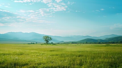 Obraz premium Landscape with vast meadows and distant mountains image