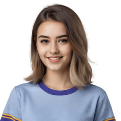 Fototapeta premium portrait of a smiling woman with short hair in blue t-shirt isolated on transparent background