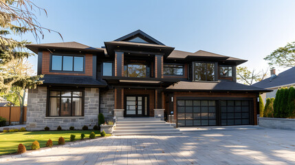 Naklejka premium Captivating exterior of a newly built luxury home, featuring a large brown house with a modern garage, located in a quiet and picturesque neighborhood in the suburbs of Canada.