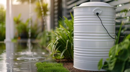 Rainwater harvesting system featuring water barrel and plastic bucket, reusing water concept, detailed and practical, backyard setup