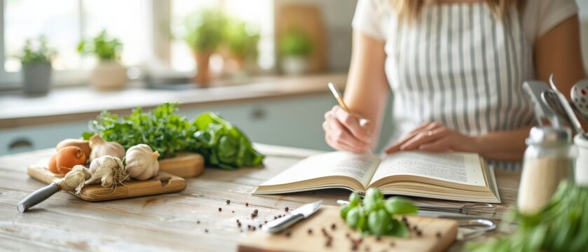 Woman writing in cookbook with fresh produce on table.